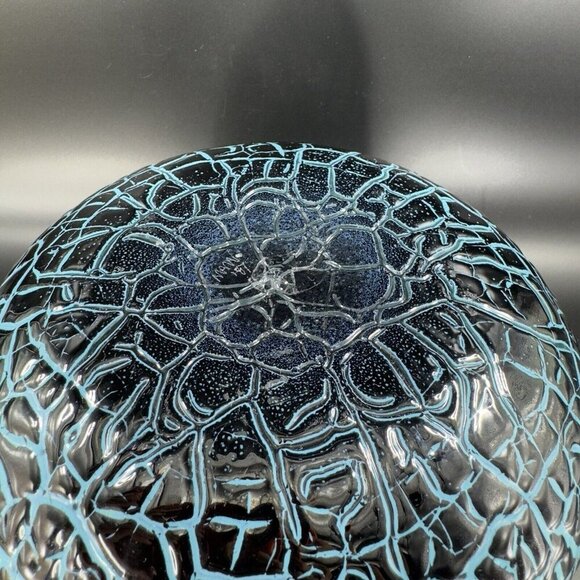 1987 Hand Blown Art Glass Large Bowl Dish Lava Glaze Finish Blue Black Signed - Picture 13 of 16
